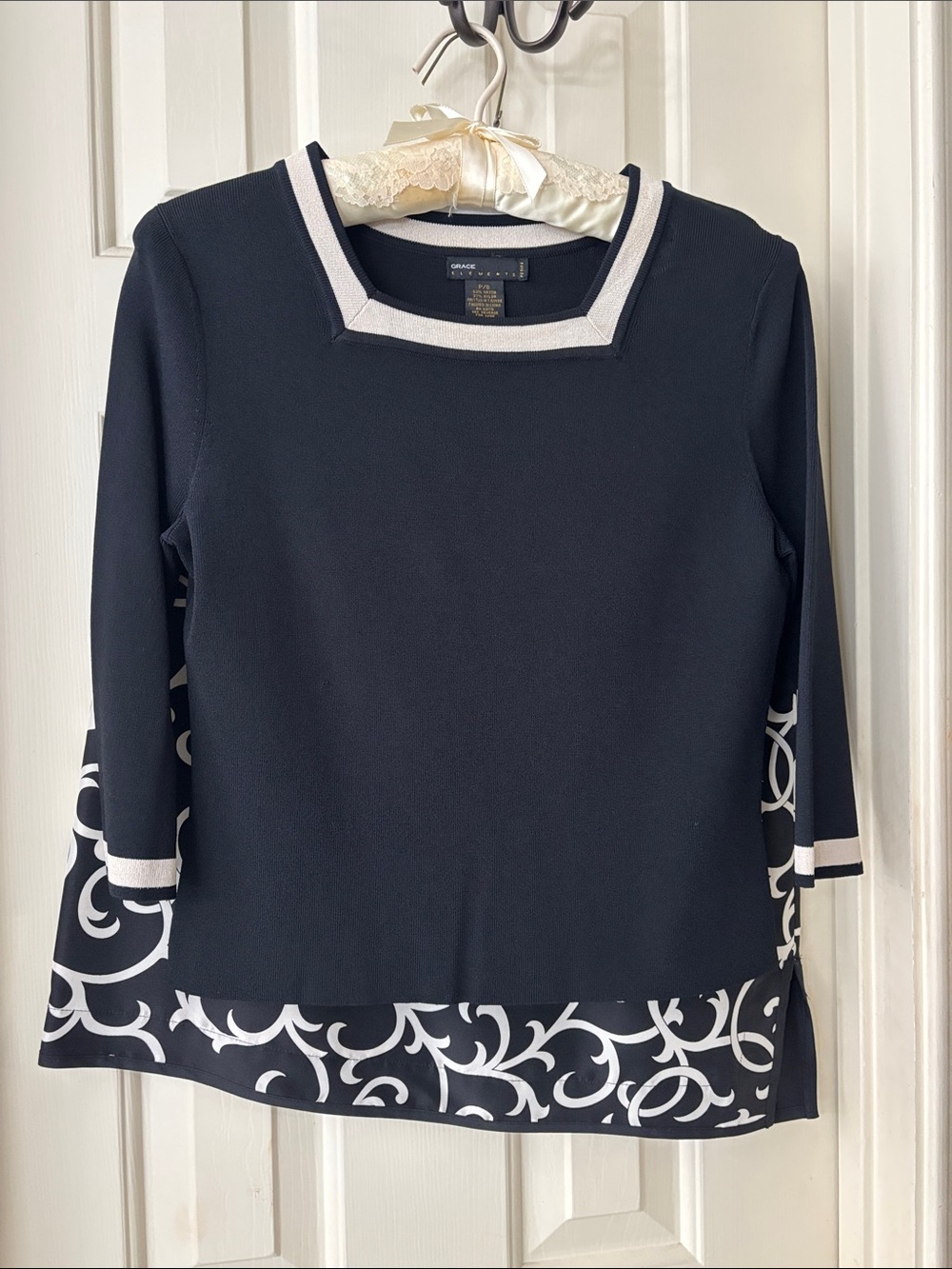 Grace Elements Black Tunic with White Trim and Scroll Hem